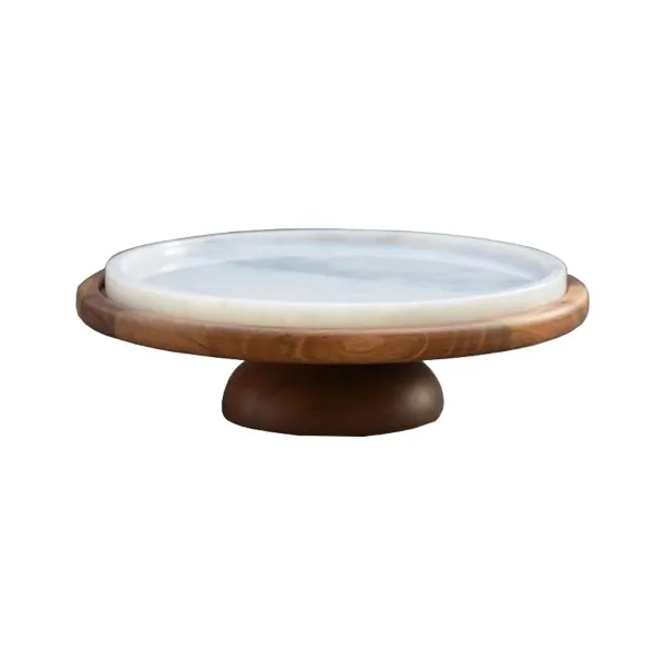 Bonzer White Marble Cake Stand - Walnut Ø30 x Ø27 x H9cm